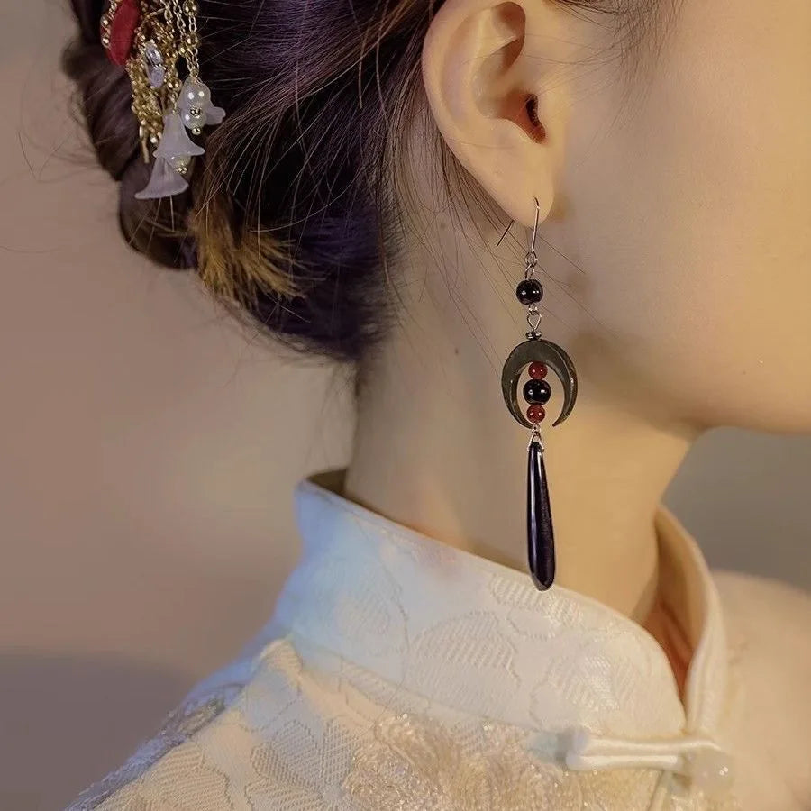 Steel Fun Jewelry HanFu Moon Pendent Long Tassel Earrings for Women