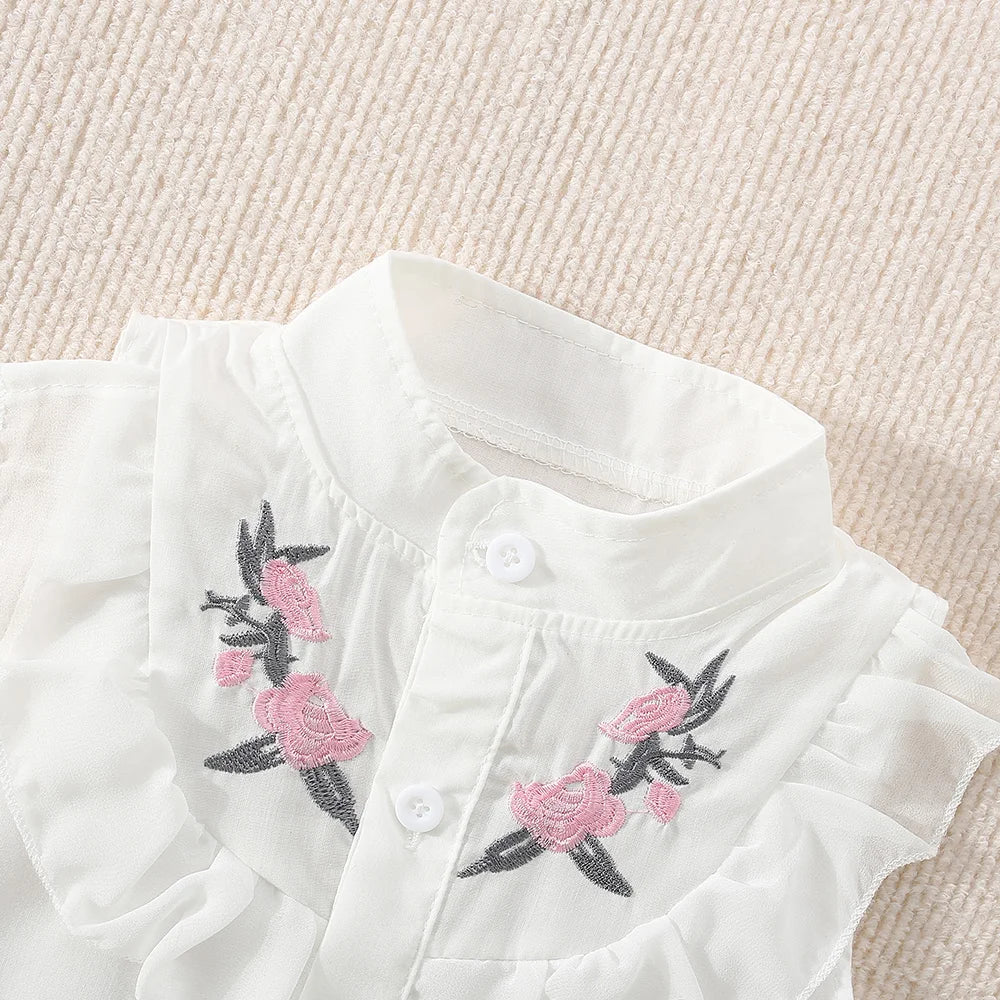 Baby Girl Flower Embroidery Sleeveless Top And Shorts