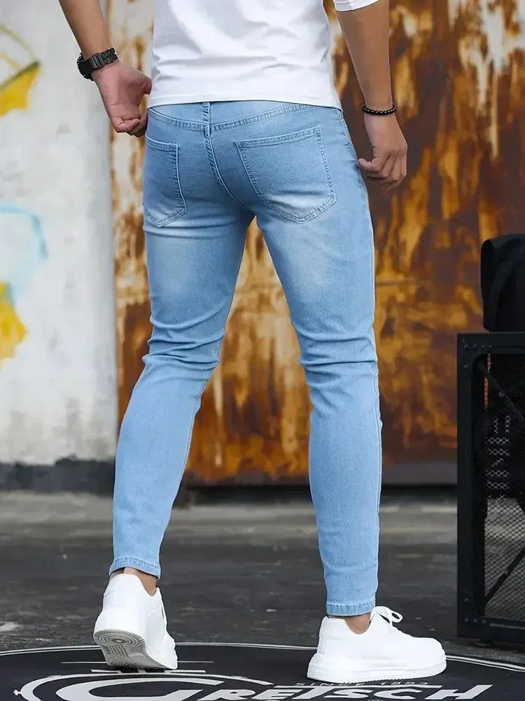 Man Classic Style Pants Light Blue Stretch Jeans Zipper Casual Slim Fit Trousers Male Pencil Pants Denim Skinny Jeans Men Brand