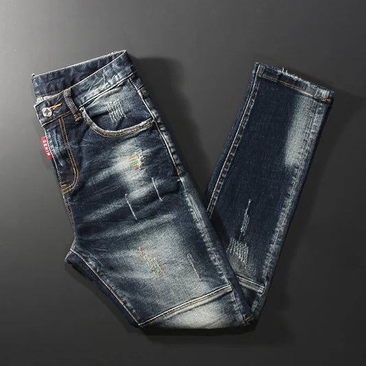 Men Jeans Retro Black Blue Elastic Slim Fit Ripped Jeans