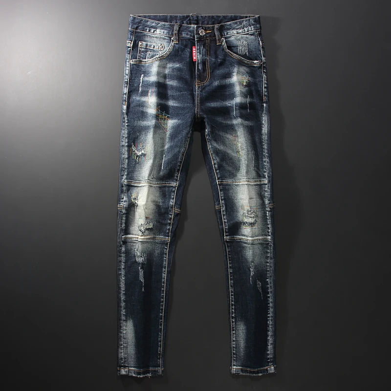 Men Jeans Retro Black Blue Elastic Slim Fit Ripped Jeans