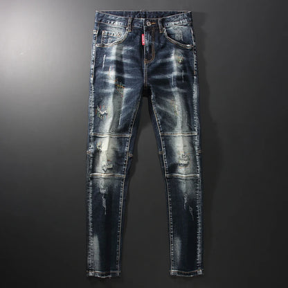 Men Jeans Retro Black Blue Elastic Slim Fit Ripped Jeans