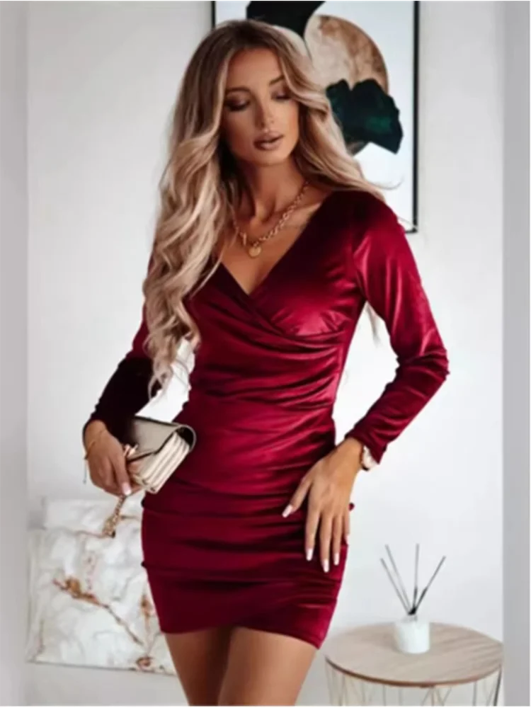 Lady Bodycon Solid Color Velvet Dress Women V-Neck Long Sleeved