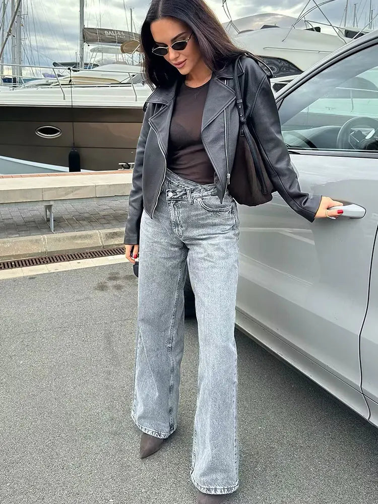 TRAFZA Straight Jeans For Women Spring Autumn Fashion High Waist Zipper Fly Denim Pants Y2K High Street Lady Jeans Trousers