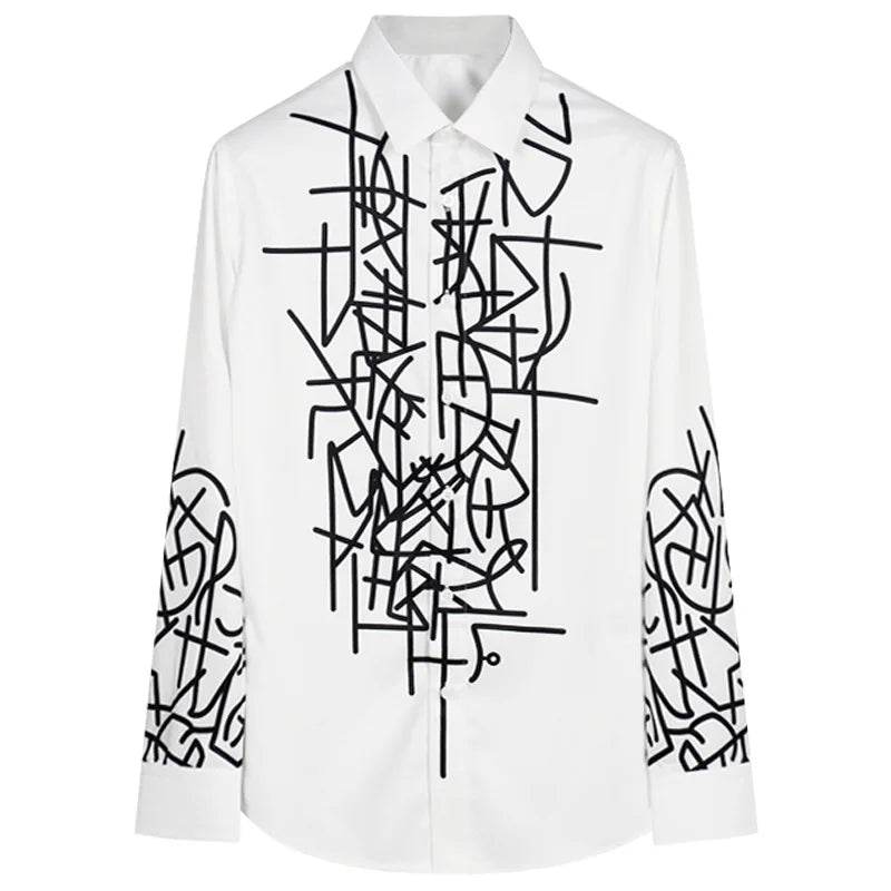 2025 Summer Letter Graffiti Printed Shirts Men High Quality Casual Business Shirt Long Sleeve Social Banquet Party Blouse
