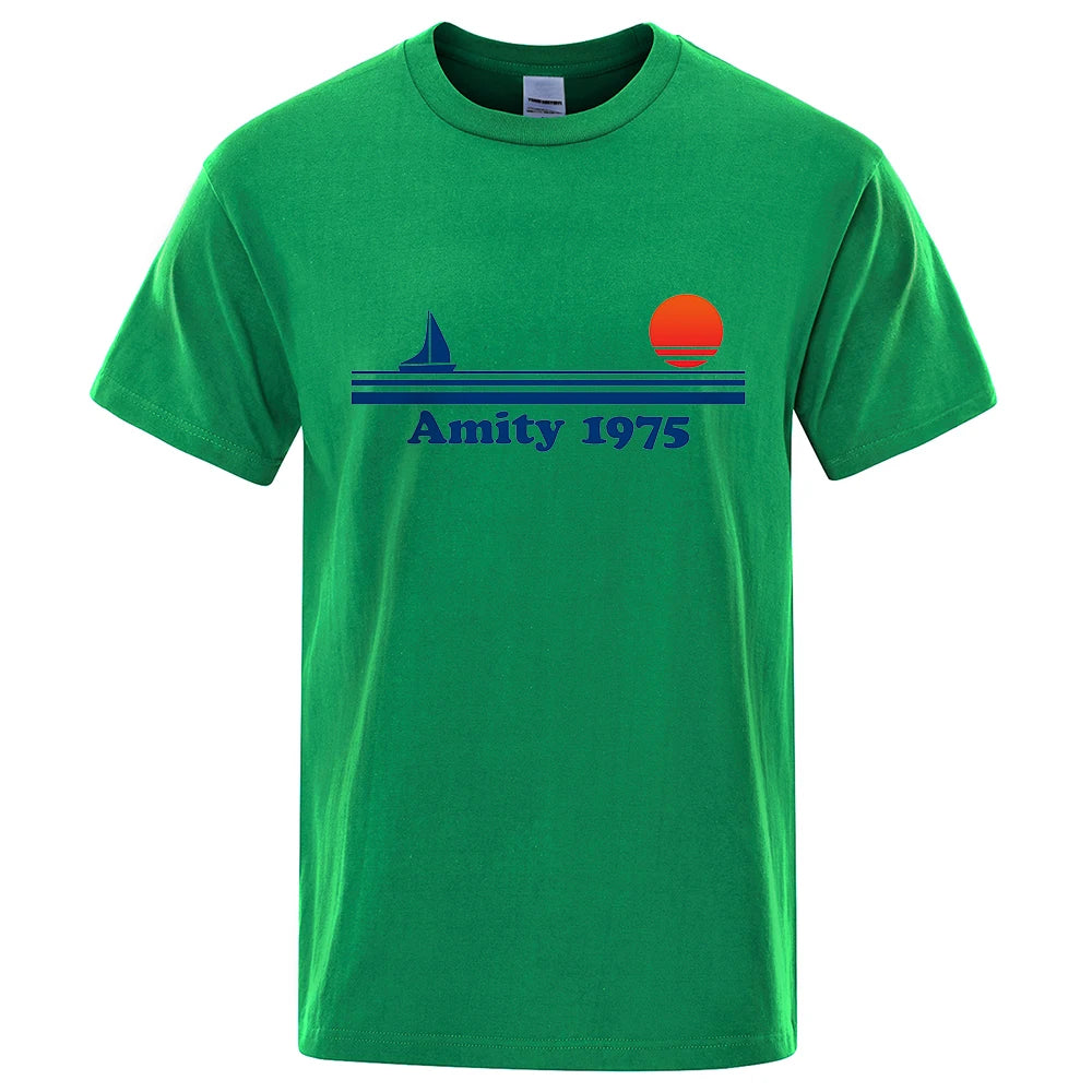 Amity 1975 - Jaws Retro Print Tshirt Men Creativity Sweat Clothing Fashion Tee Clothes T Shirts Breathable Cotton T-Shirts Man