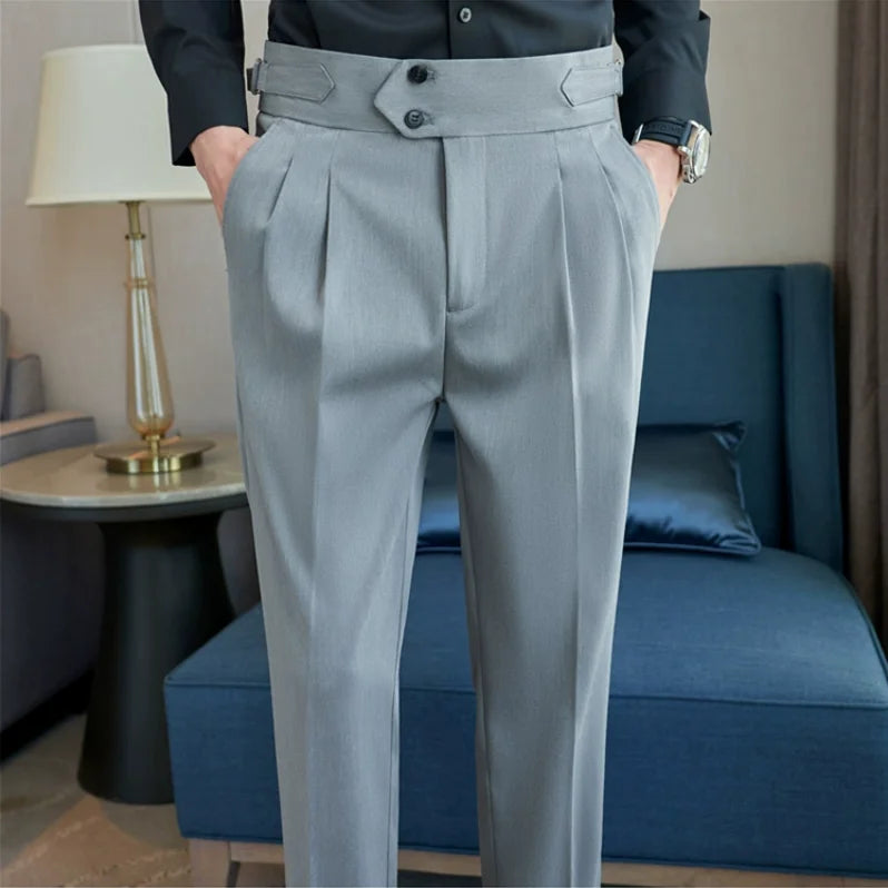 Men High Waist Casual Dress Pant Men Belt Design Slim Trousers