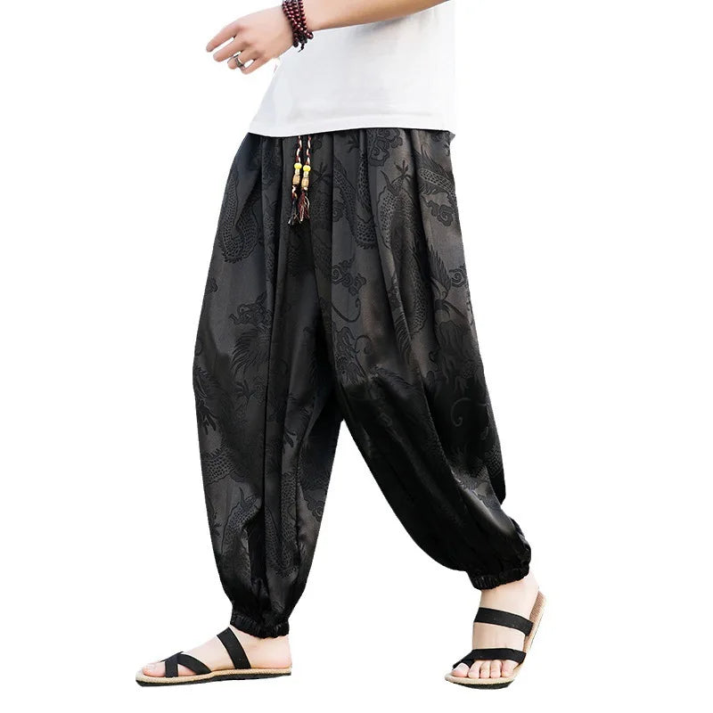 Outdoor Brand Pants For Men Lce Silk Dragon Dark Flower Loose Bloomers