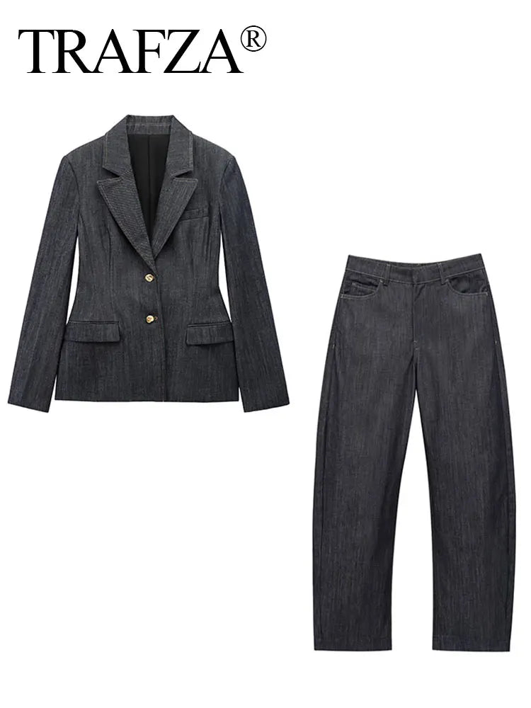 TRAFZA Spring New Denim Blazer Pant Suit Women Solid Single Breasted Coat+Elegant Office Lady Vintage Female Wide Leg Long Jeans