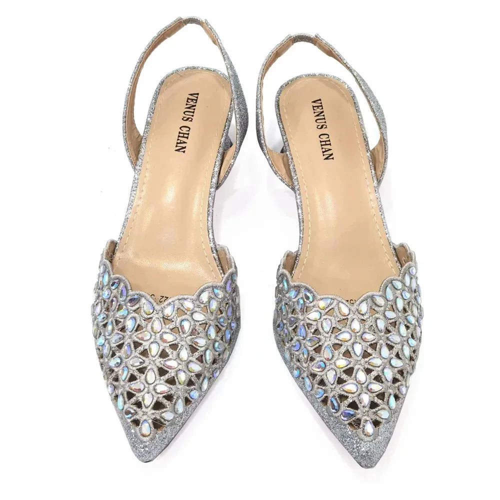 Women's High Heel Pointed Toe Sandals Party Silver Color Shoes and Bags Set