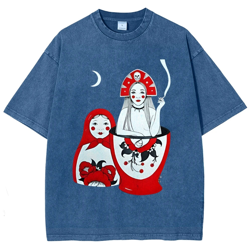 Russian Doll Pattern, Cute Style, Y2k Graphic Tee, Women's Oversized T-Shirt, Cute Hand-Painted Bunny, Korean Style Art, Summer