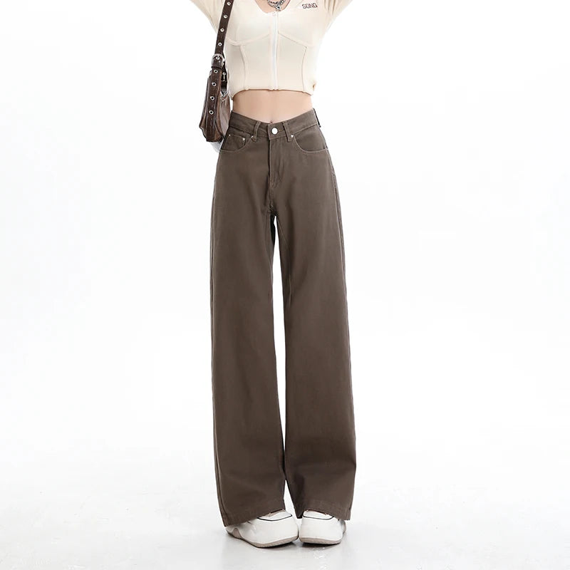 Baggy High Street Fashion Straight brown Jeans for Women's Y2k High Waist Female Clothing Solid Color Casual Wide Denim Trousers