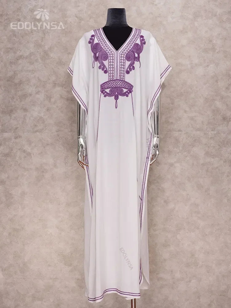 2024 Vintage Embroidery Kaftan Sexy V-neck Batwing Sleeve High Waist Maxi Dress Tunic Women Clothing Summer Beach Dresses Q660