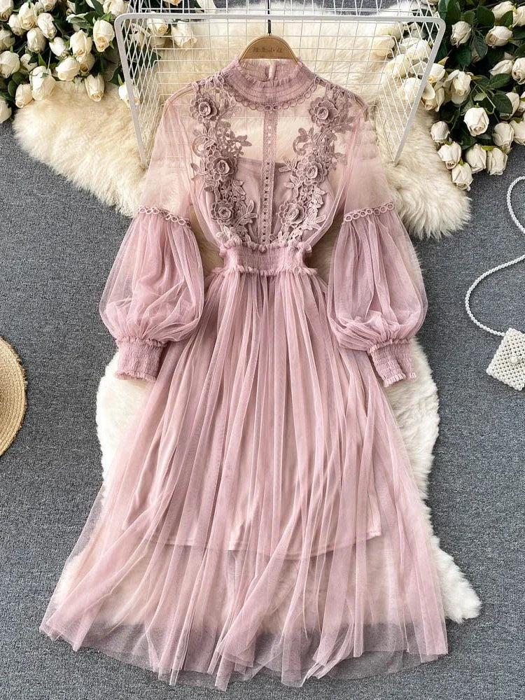 Three-dimensional Flower High Waist Slim Female Dresses