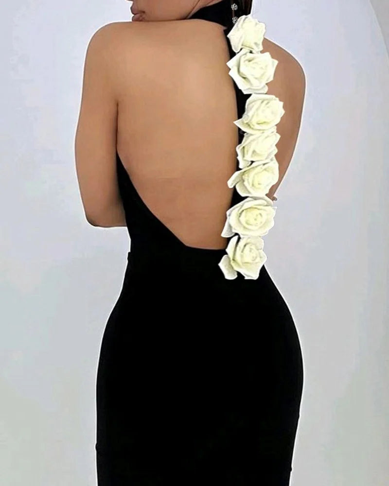 Elegant Rose Detail Dress Mock Neck Sleeveless Backless Bodycon