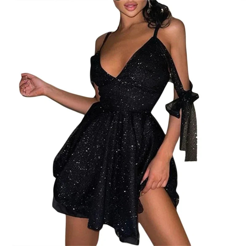 Cocktail Club for Ladies Vintage A-line Dress Women Shiny Party Mini Dress