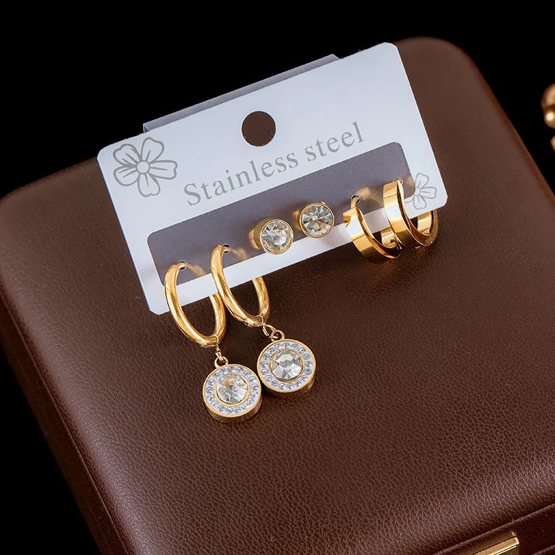 Stainless Steel Moon Flower Heart Dangle Earrings For Women