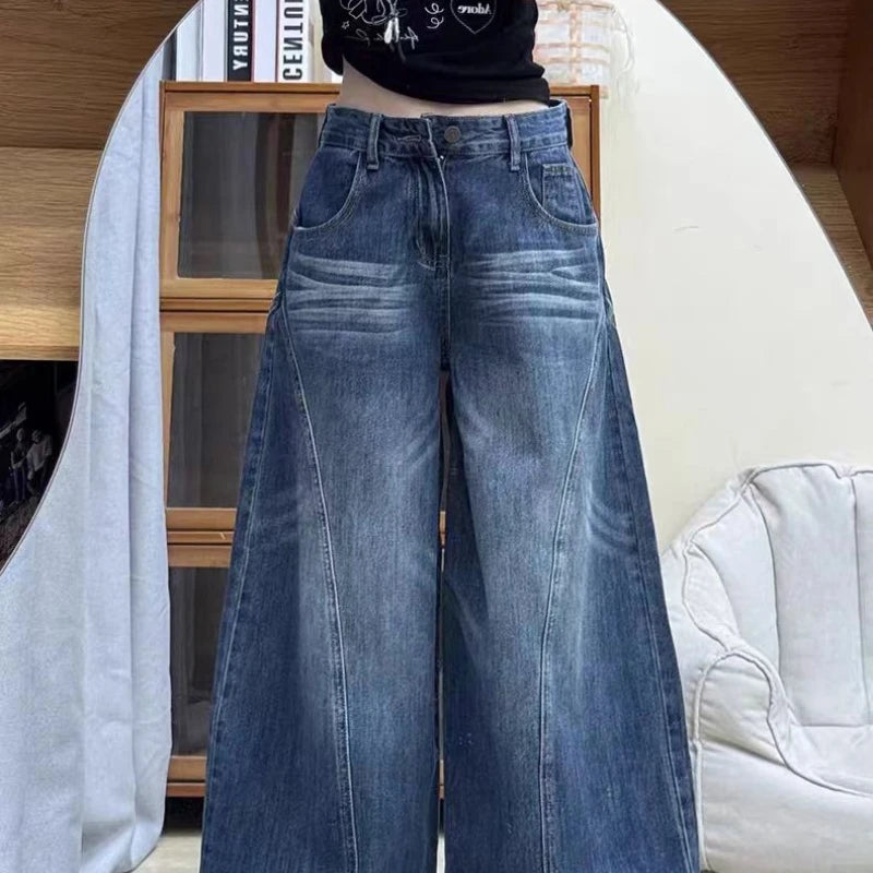 Casual Denim Pant Women Jeans Vintage Straight Trousers Autumn Spring Fashion Female Wide Leg Pants Blue Jeans