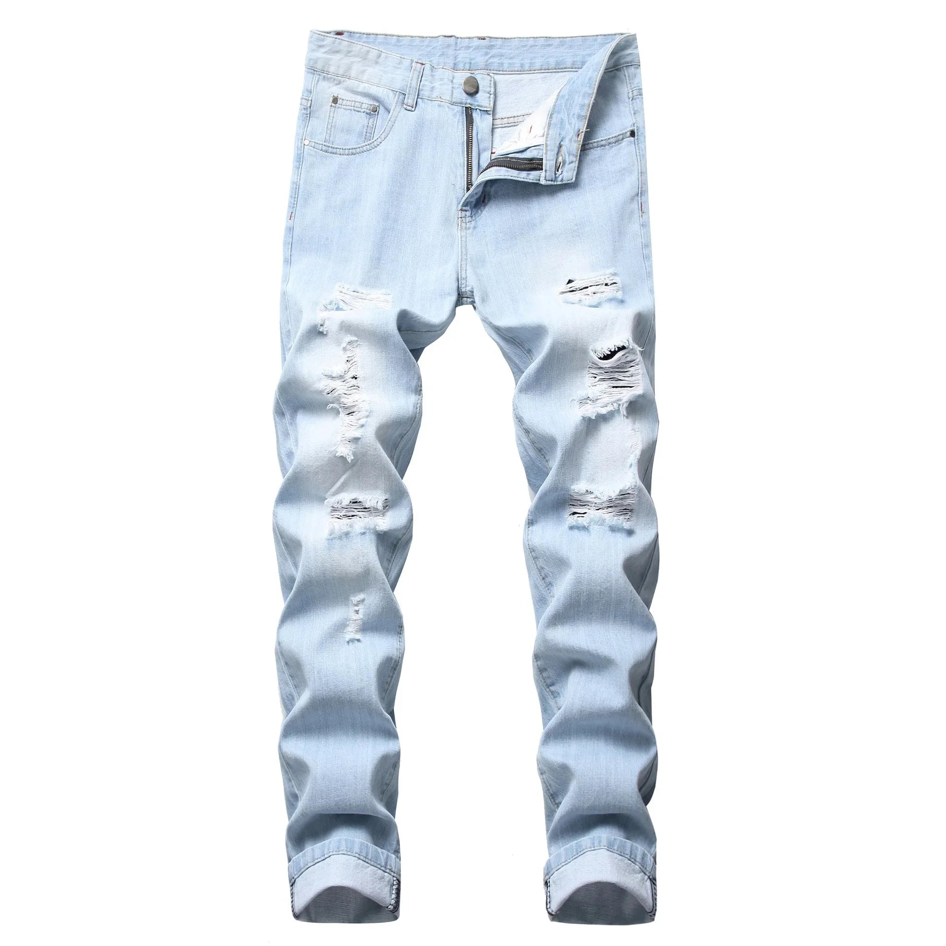 Cross-Border Men's Wear Ripped Straight-Leg Slim Fit Smooths Your Silhouette No Stretch Jeans Light-Colored Denim Trousers Amazo
