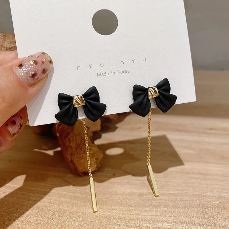 Black Bowknot Chain Tassel Long Pendant Earrings for Women