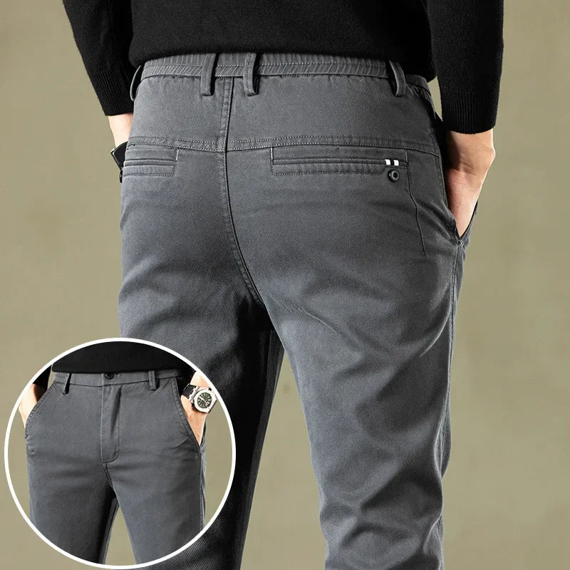 2024 Spring New Men's Casual Pants Brand Clothing Business Elastic Waist Thick Classic Slim Trousers Male Black Grey Brow
