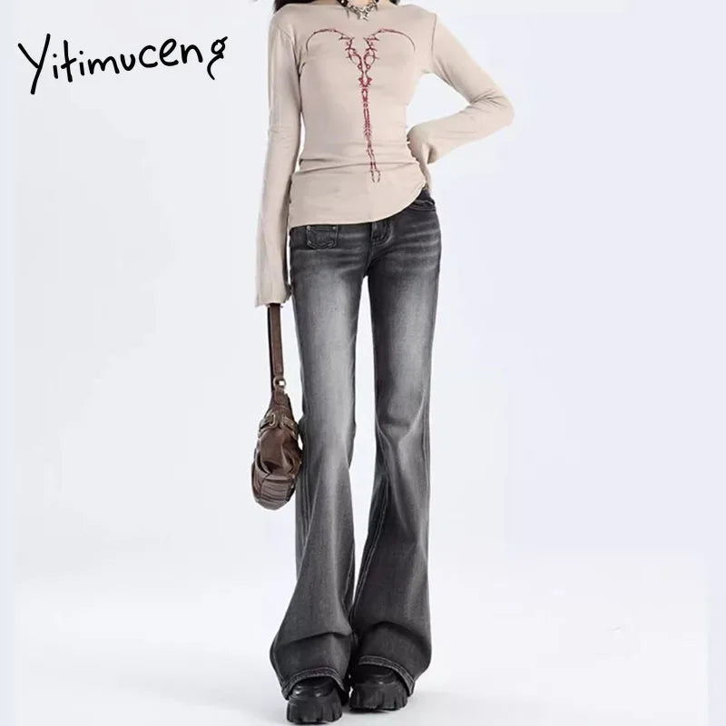 Yitimuceng Vintage Y2K Flared Jeans Women Korean Button-Up Low Rise Casual Denim Pants Female Elastic Slim Fit Jean Trousers