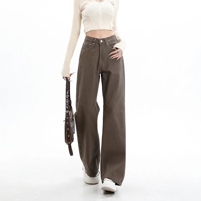 Baggy High Street Fashion Straight brown Jeans for Women's Y2k High Waist Female Clothing Solid Color Casual Wide Denim Trousers