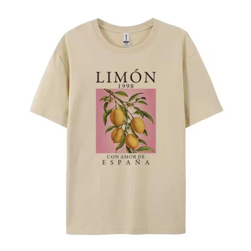 Lemon Fruit Print T-Shirts Cotton Women Graphic Tops Vintage Aesthetic Botanical Streetwear Shirt Cottagecore Clothes Oversized