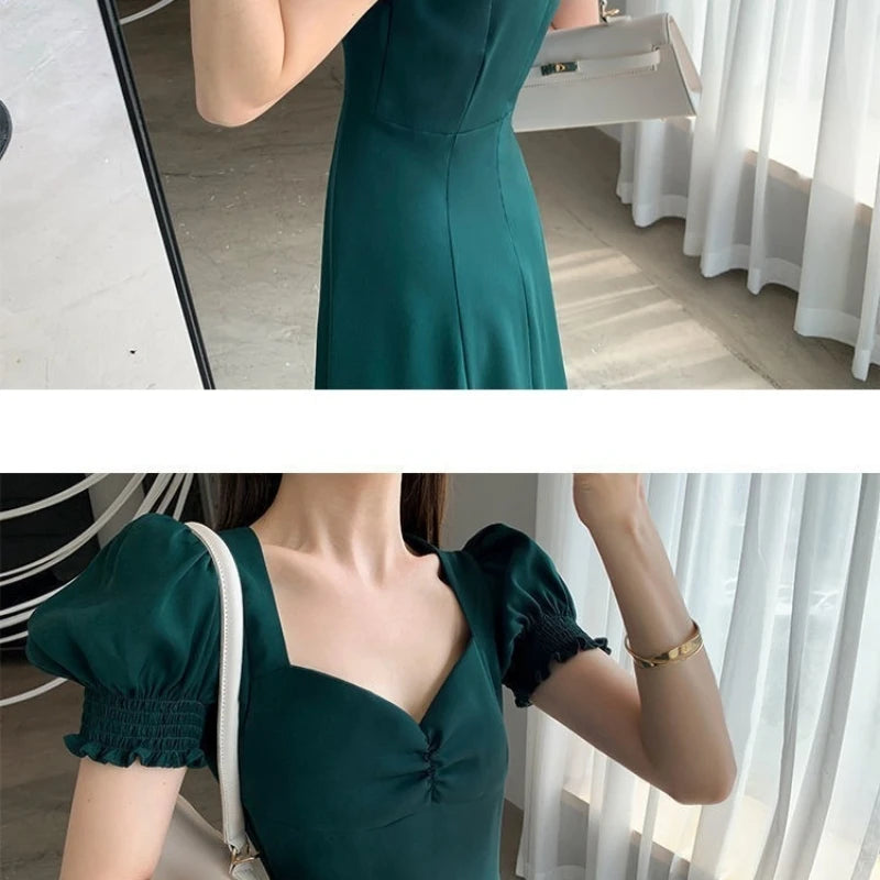 Solid Puff Short-Sleeved Elegant Slit Dress New Fashion Women V-neck Full Dresses Ladies High Waist Slim Evening Party Vestidos