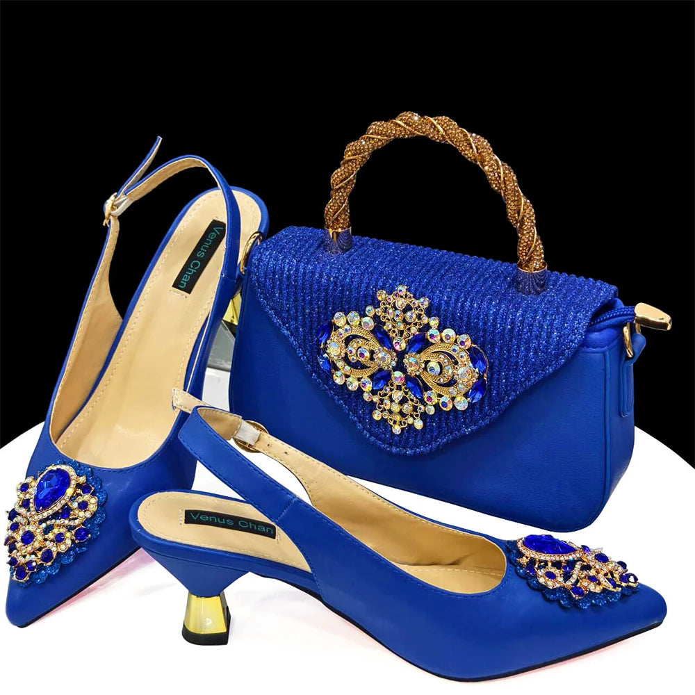 Women's Pink High Heel Frosted Crystal Shiny Rhinestone Party Pointed Shoes And Bag