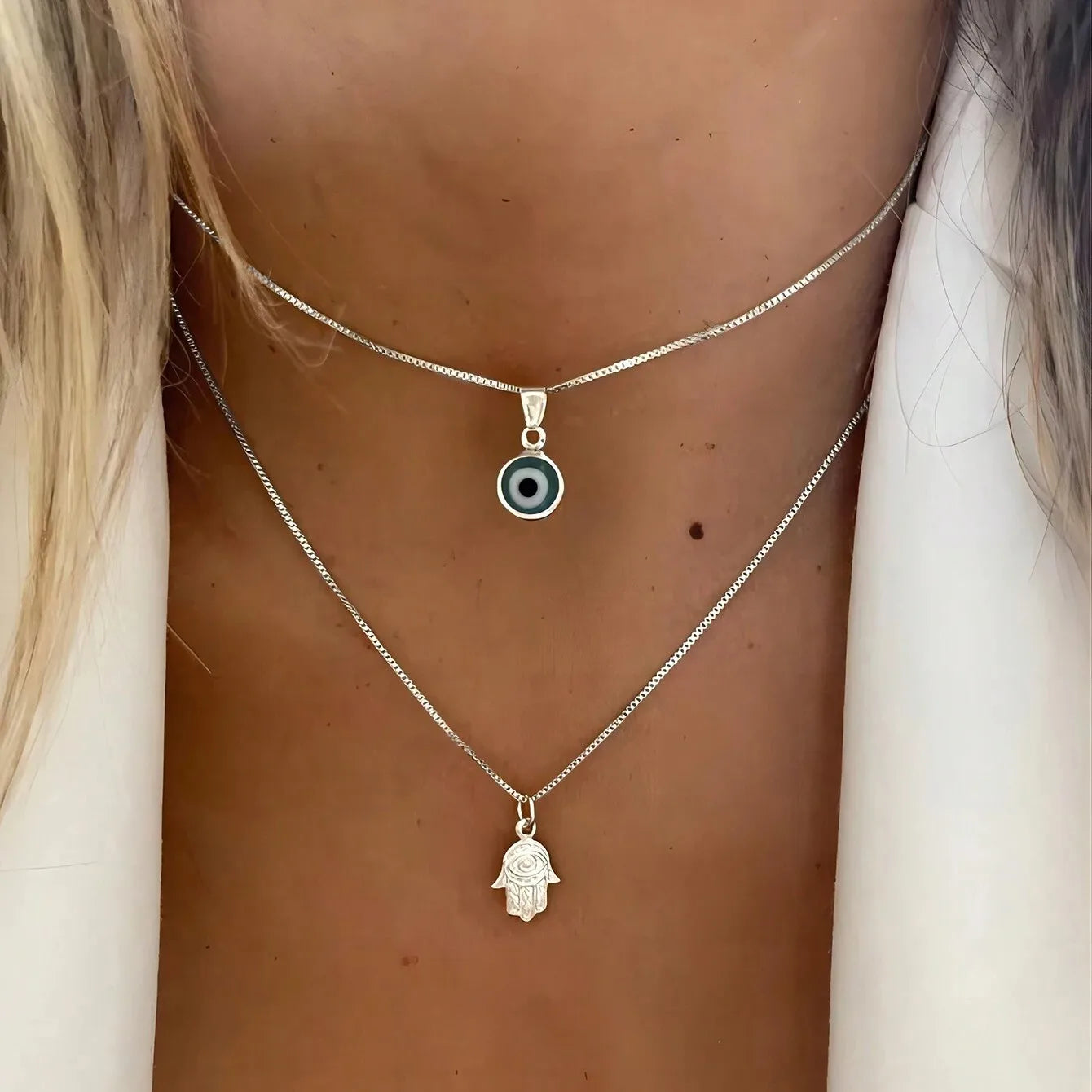 Lucky Double Layer Palm Evil Eyes Pendant Necklace for Women