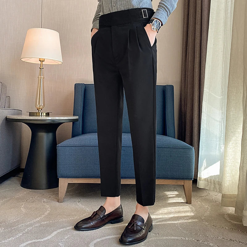 Men High Waist Casual Dress Pant Men Belt Design Slim Trousers