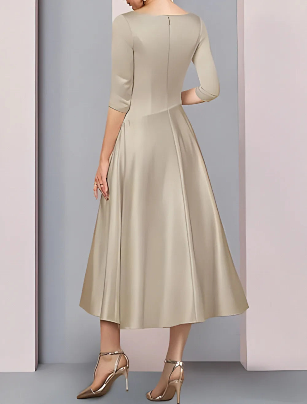 Evening Dress Women Elegant Sexy Satin Deep V-neck 3/4 Sleeves