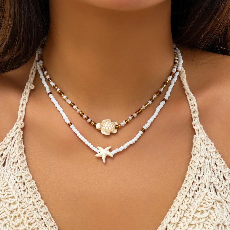 Bohemian Double Rice Bead Chain Clavicle Necklace for Women