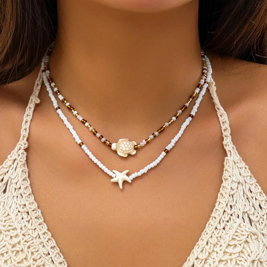 Bohemian Double Rice Bead Chain Clavicle Necklace for Women