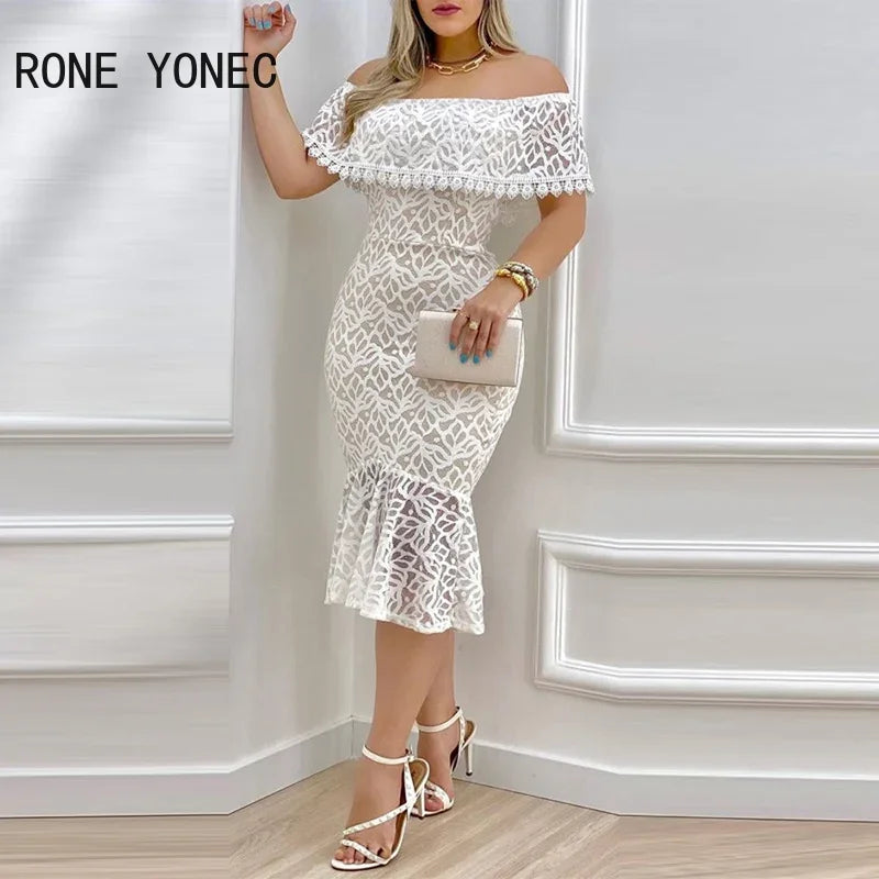 Solid Chic Off Shoulder Ruffle Hem Lace Hem Bodycon Party Dress