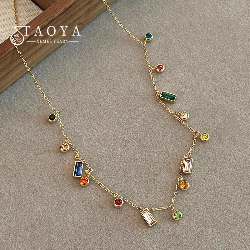 Light Luxury Stainless Steel Colorful Zircon Dopamine Short Collar Chain Necklace