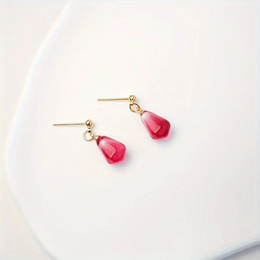 Creative Red Pomegranate Seed Pendant Golden Ear Studs