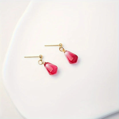 Creative Red Pomegranate Seed Pendant Golden Ear Studs