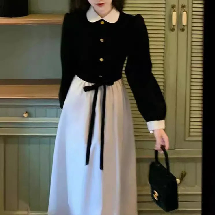 2025 Fall Black Dress Velvet Long Sleeve Women Dress Elegant Tweed Wind Midi Women's Fashion Dresses Women Clothes