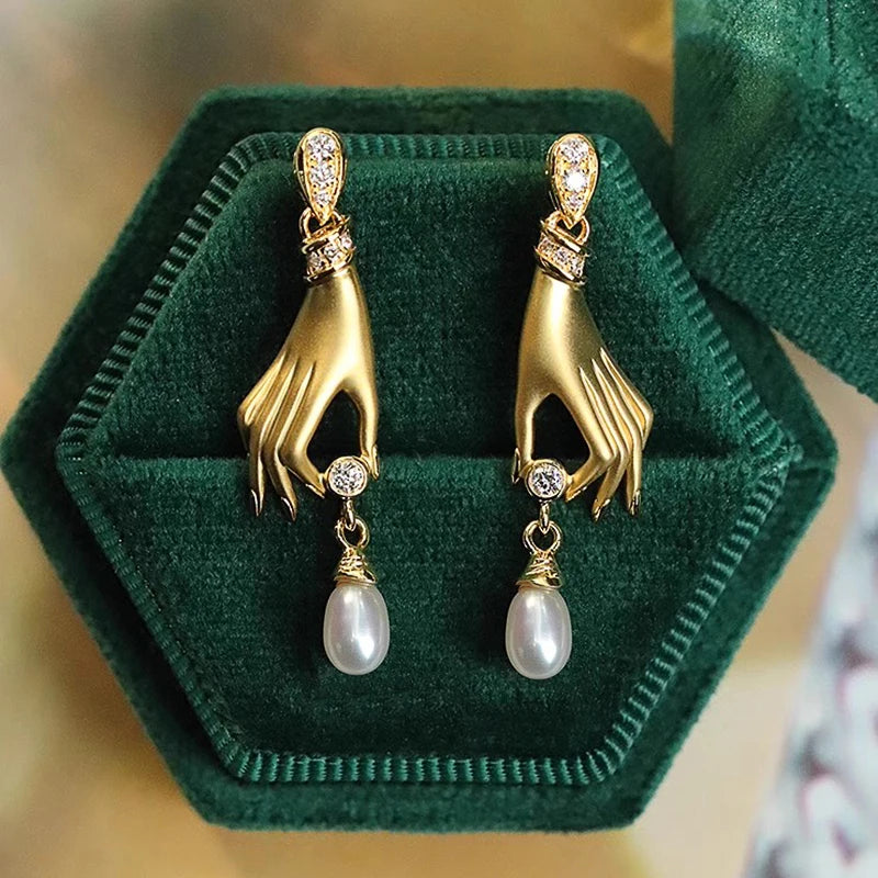 Novel Design Hand with Imitation Pearl Dangle Earrings for Women