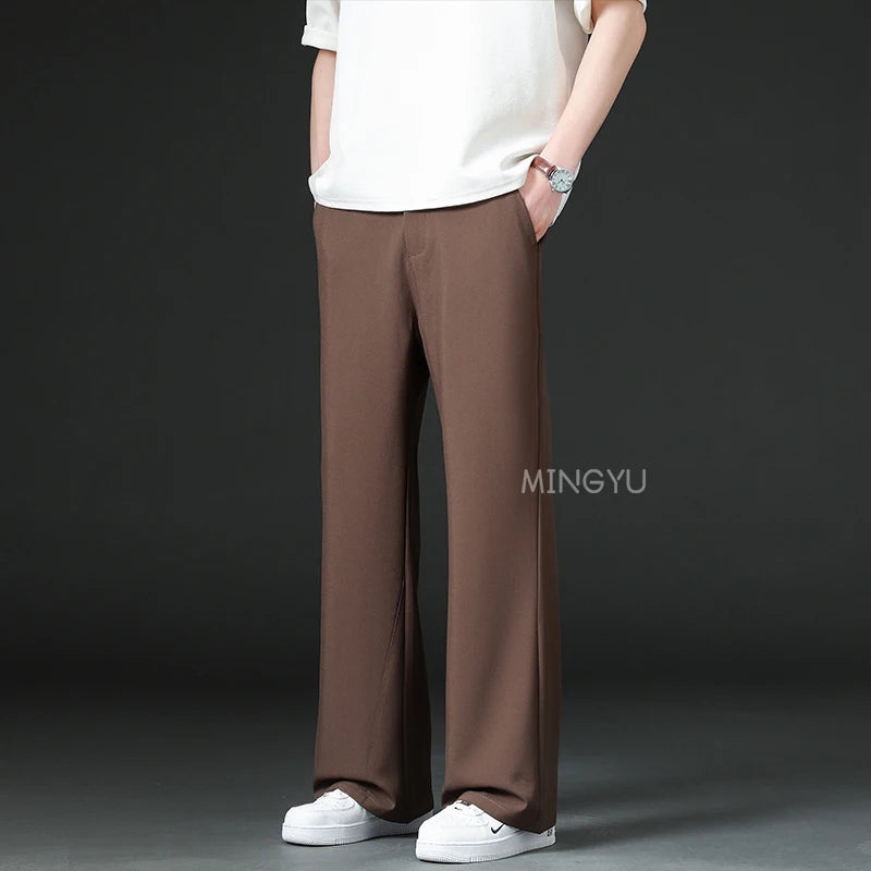 Brand Clothing Summer Smooth Flare Pants Men Business Elastic Waist Suit Flared Trousers Male Korean Work Office Plus Size S-4XL