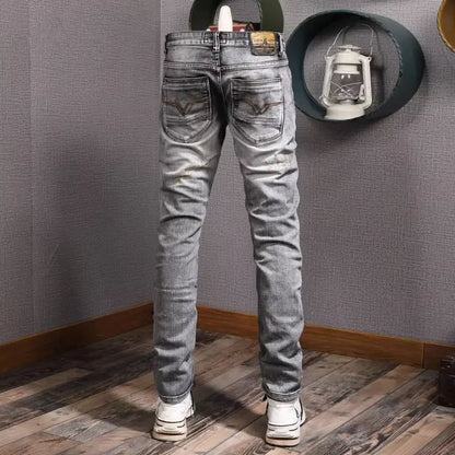 Men Jeans High Quality Retro Gray Stretch Slim Fit Ripped Jeans