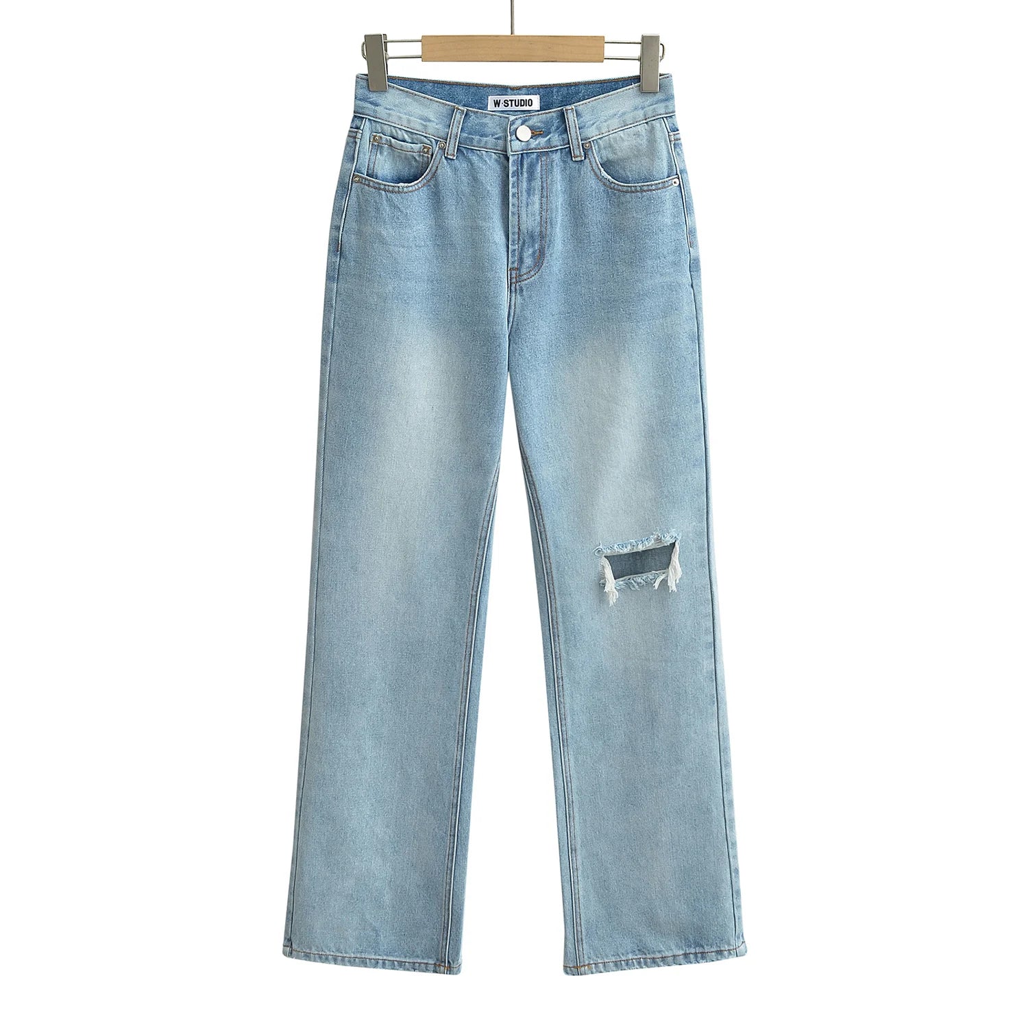 High‑Waist Straight‑Leg Distressed Jeans — Relaxed Fit with Knee Rip & Washed Finish