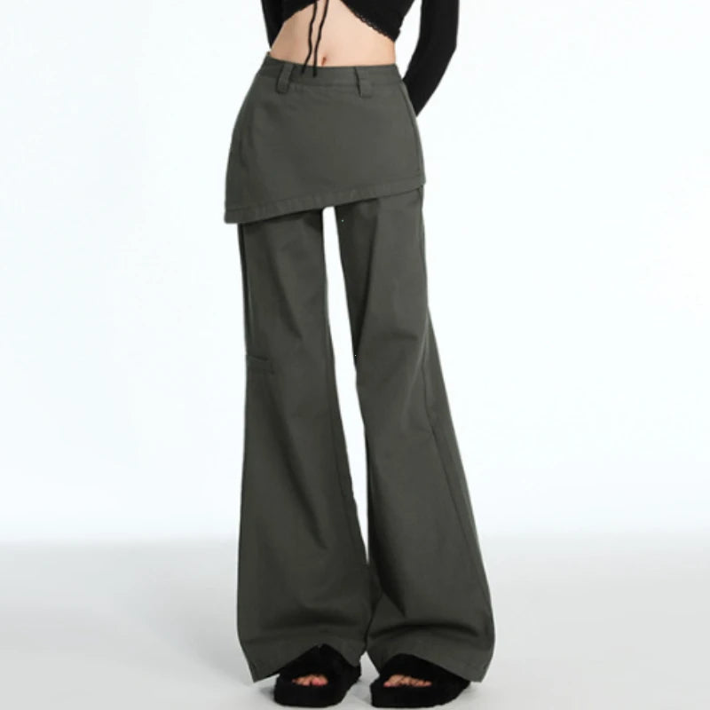 Plus Size Retro Fake Two-Piece Fart Curtain Jeans 2025 Spring Autumn Micro-Pull Cargo Slimming Straight Stacked Wide-Leg Pants