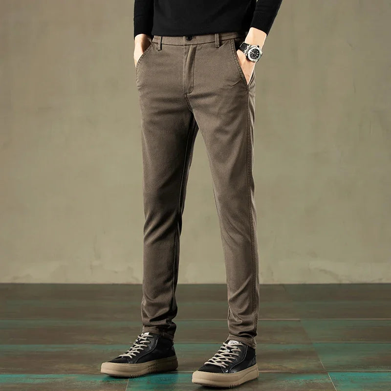 2024 Spring New Men's Casual Pants Brand Clothing Business Elastic Waist Thick Classic Slim Trousers Male Black Grey Brow
