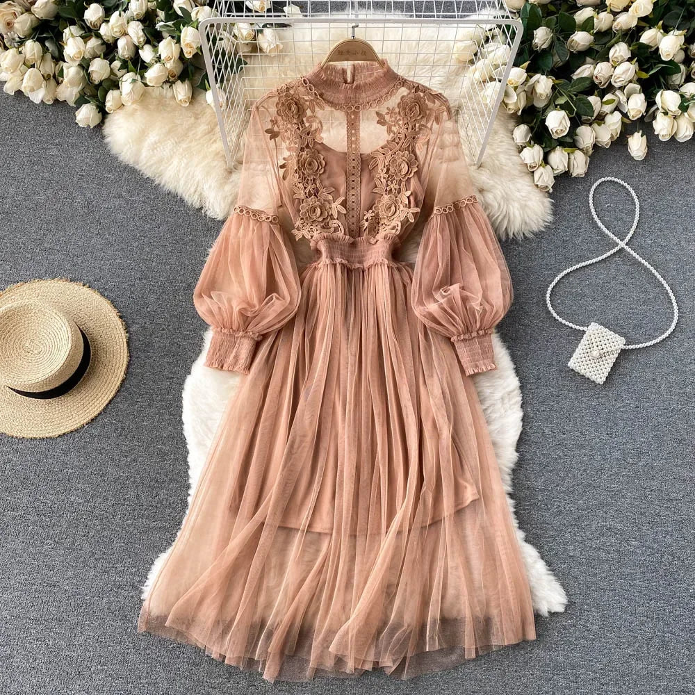 Three-dimensional Flower High Waist Slim Female Dresses