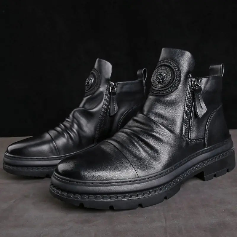Men's Motorcycle Leather Boots British Style Round Head High Top Shoes Side Zip Walking Casual Platform Boots Bota Masculina