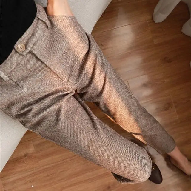 Korean Woolen Pants Women's Autumn Winter Clothing New High Waist Slimming Straight Leg Casual Pants Haren Suit Pants