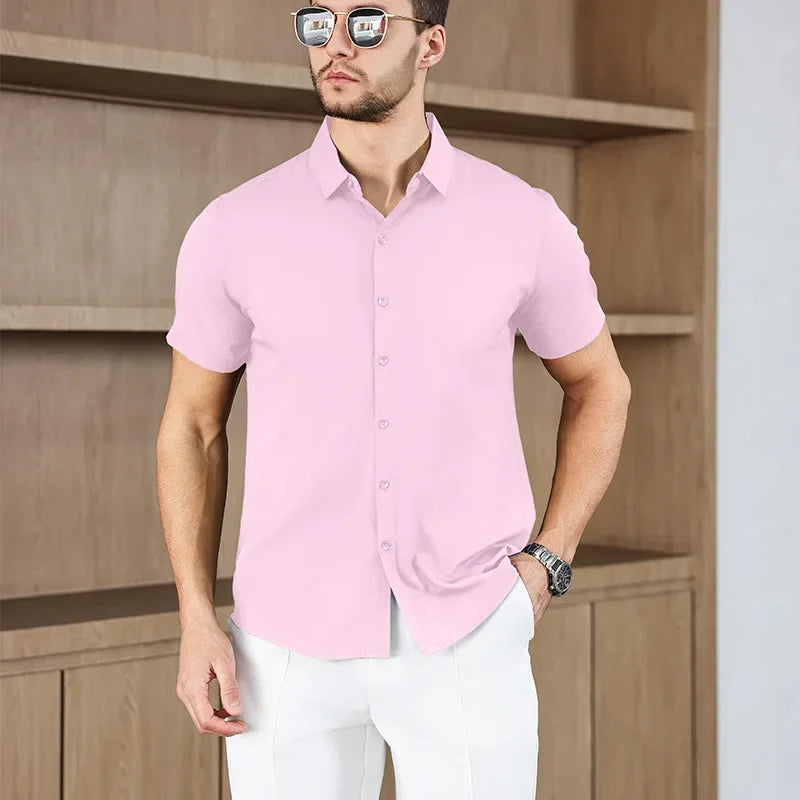 New Men's Business Casual Solid Color Short Sleeved Shirt for Summer Fashion No Ironing Comfortable and Versatile Top